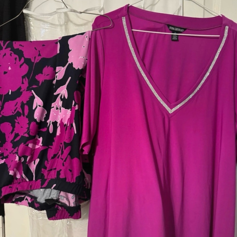 Nina Leonard Magenta V-Neck Tunic with Rhinestone Trim